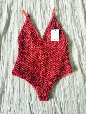 acacia swimwear Red Crocheted One-Piece Swimsuit, NWT